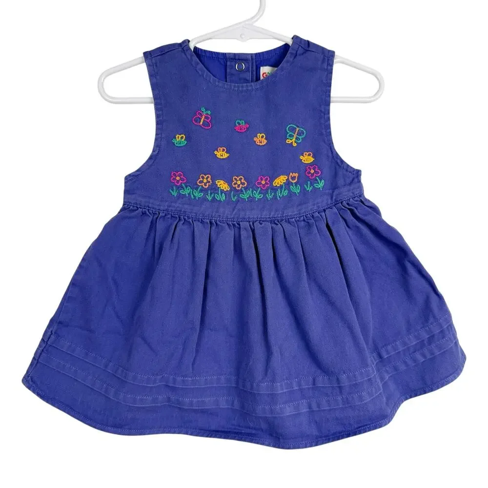 Vtg 90s Gymboree Cotton Dress Purple Blue Floral Butterflies Girls - 12-18